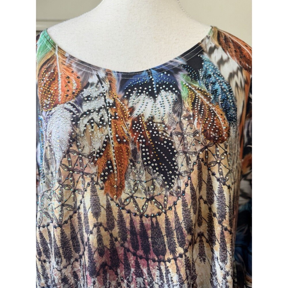 Cactus Women's L Feather Print Tunic Top Long Sleeve Rhinestone Boho Blouse - Picture 6 of 15